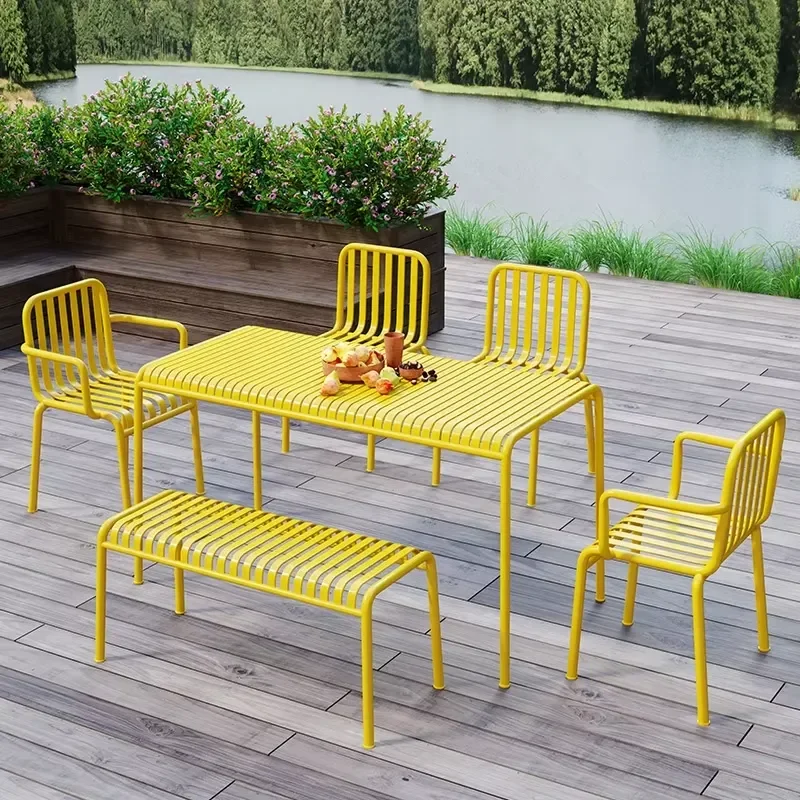 Iron Outdoor Garden Table and Chair Set Patio Bench Modern Simple Leisure Courtyard Furniture for Tea Coffee Shop