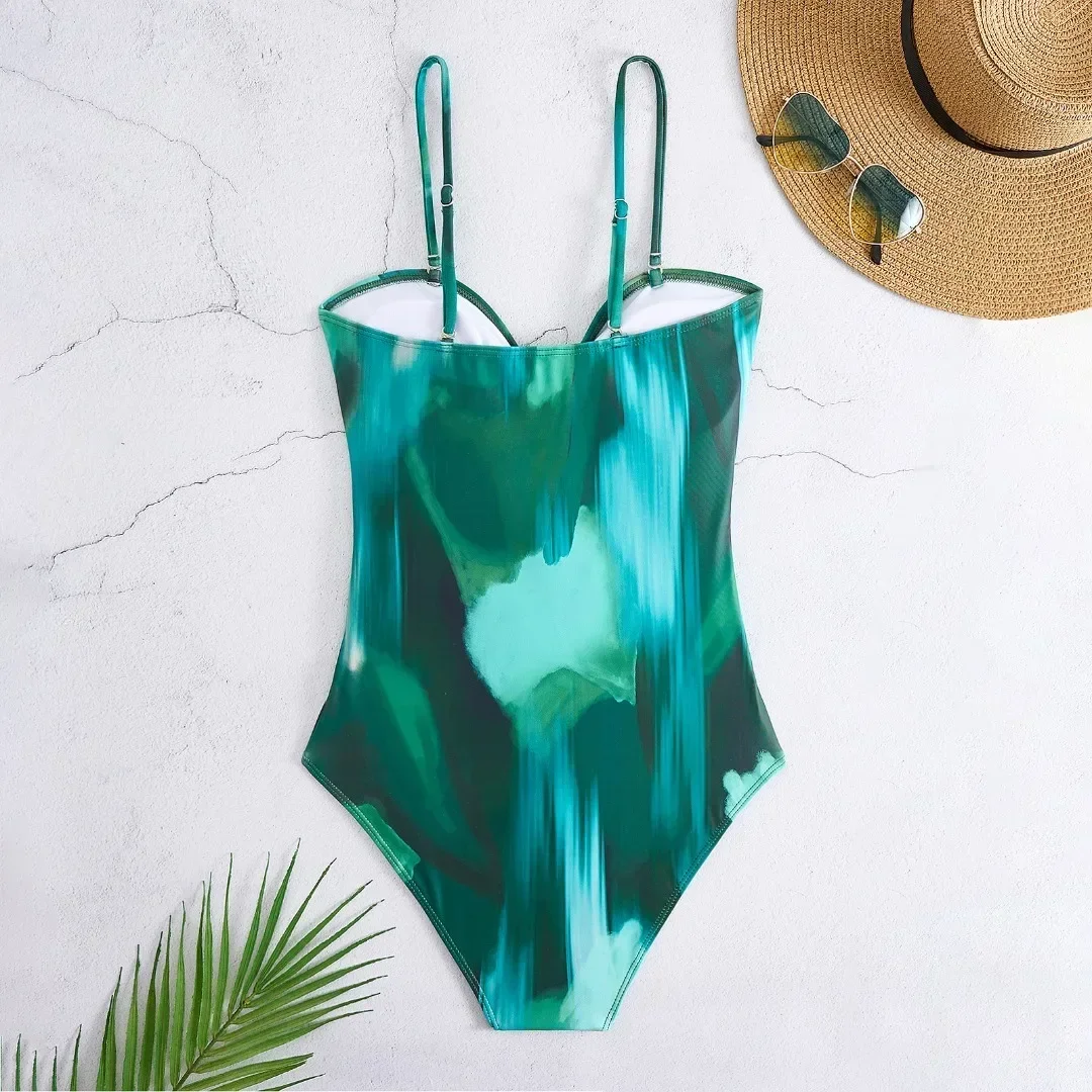 2025 Traje de baño de una pieza para mujer, nuevo superventas, conjunto de traje de baño Sexy estampado de dos piezas, falda redonda de gasa