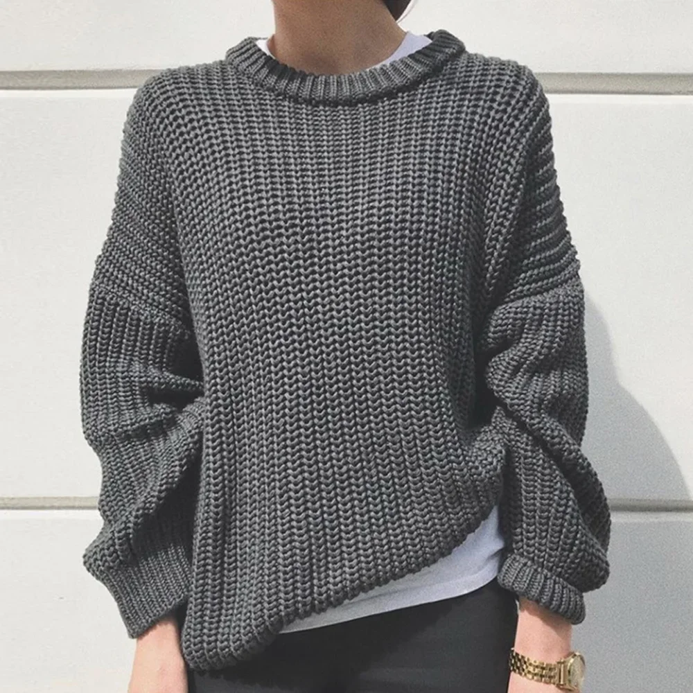 Women\'s Autumn and Winter New Casual Knit Pullover,simple Thick Needle Long Sleeve Round Neck Loose Knit Pullover Sweater Woman