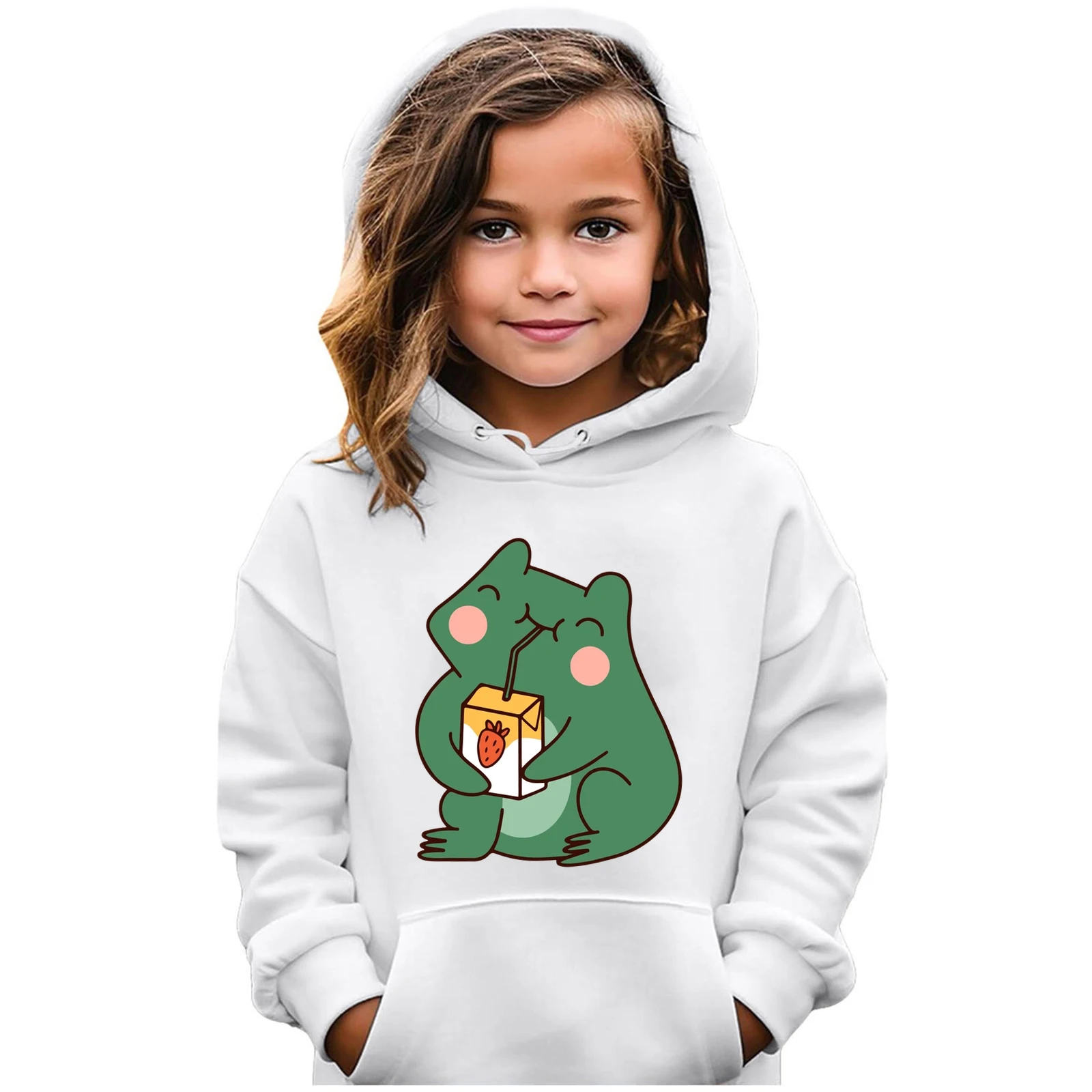 Frog Drinking Juice Print Hoodies Baby Boy Sweatshirts Funny Frog Kids Clothes Girls Long Sleeve Streetwear Child Animal Hoodie