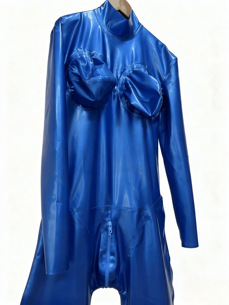 

rubber customized catsuit men's blue latex bodysuit chest details long sleeve zipper front fashion party wear style cosplay