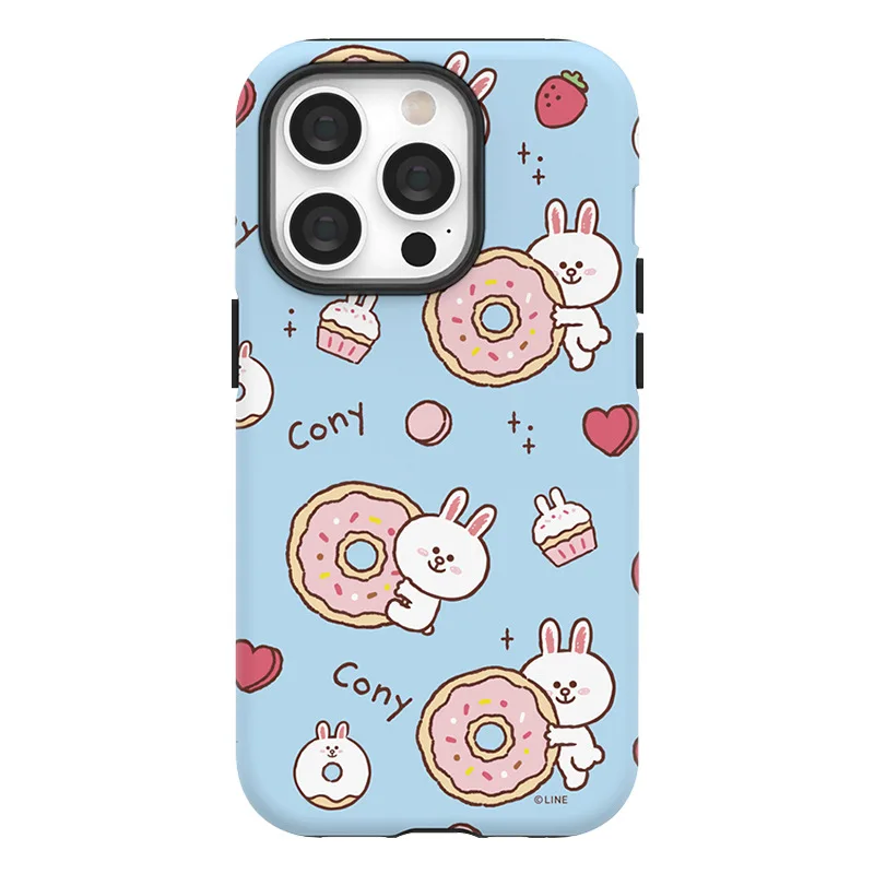 LINE FRIENDS-funda de teléfono de doble capa con dibujos animados para IPhone, carcasa brillante con dibujo de oso marrón para IPhone 16, 15, 14, 13, 12, 11 Pro Max, XS, XR