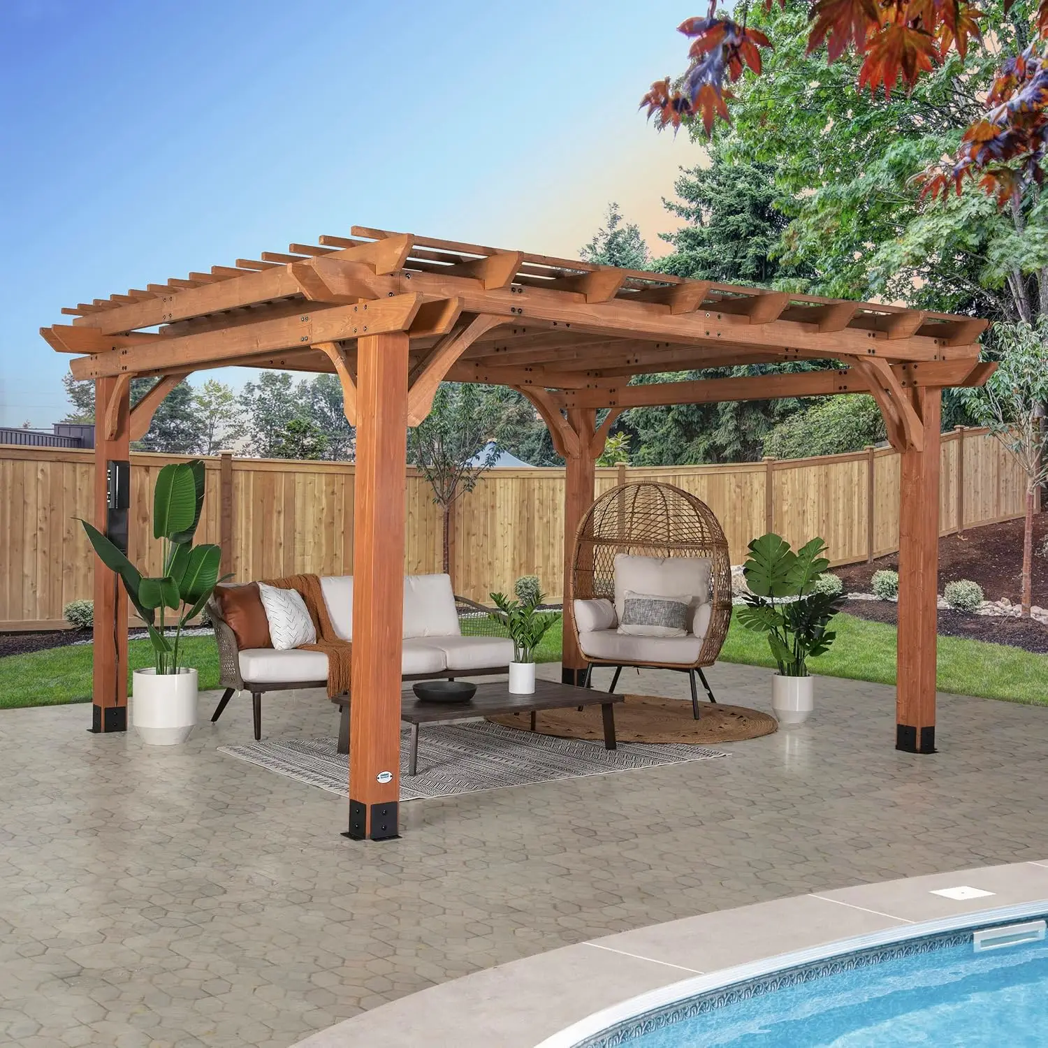 Beaumont 14' x 12' Traditional Cedar Wood Pergola Kit with Trellis Roof, All-Season Durability, High-Wind Rating, PowerPort, Sha