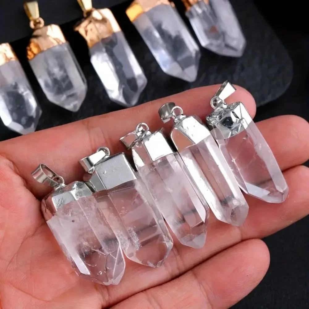 1PC Handmade Natural Reiki Healing White Crystal Quartz Point Pendant with Gold Silver Color Cap