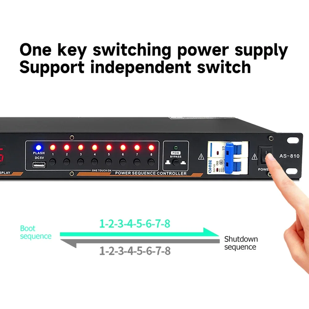 AS810 8 salidas 30A acondicionador de energía de Audio controlador secuenciador de potencia secuenciador de energía con interruptor de aire separado USB