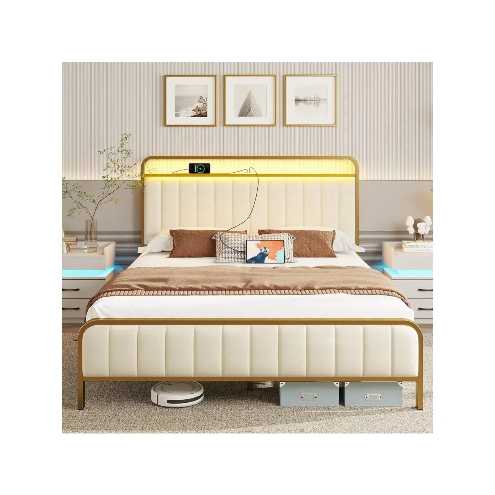 Base Beds and Frames Golden Bed Frame Metal Slat Noise Free Easy Assembly Bedroom Furniture Upholstered Headboard and Footboard