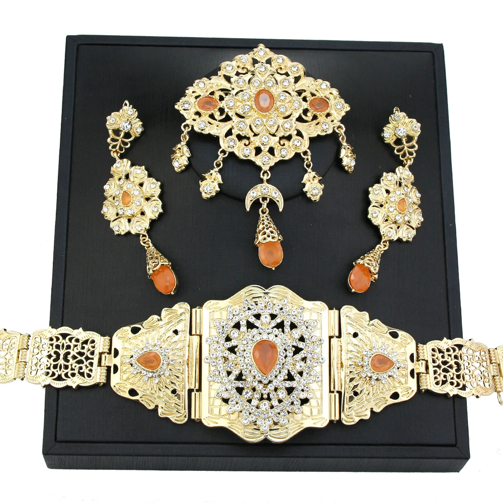 Neovisson Gold Color Morocco Unique Jewelry Sets Orange Crystal Brooch Earring Sets Caftan Waist Chain Belt Ladies Favorite Gift