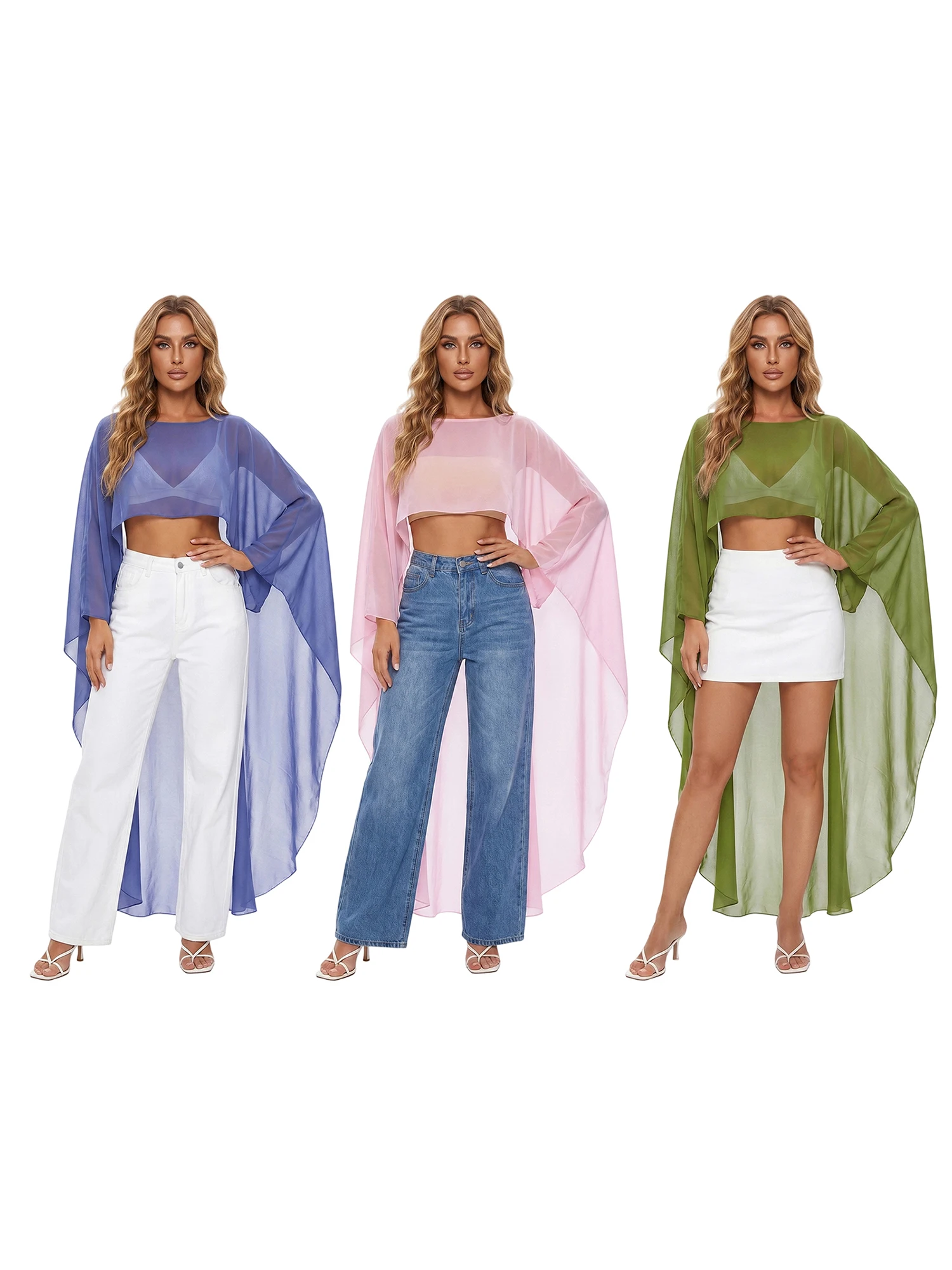 Damen High-Low Chiffon Cape Top Langarm Durchsichtig Asymmetrischer Poncho für Alltag und Abendpartys – Detail 2
