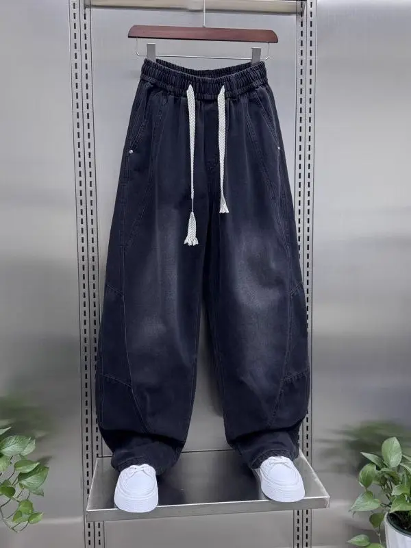 Duże Rozmiary 300 Pou Letnie Nowe Jeansy Vintage z Przeszyciami Męskie Damskie Modne Luźne Młodzieżowe Spodnie z Sznurkiem i Kieszeniami Casualowe Szerokie...