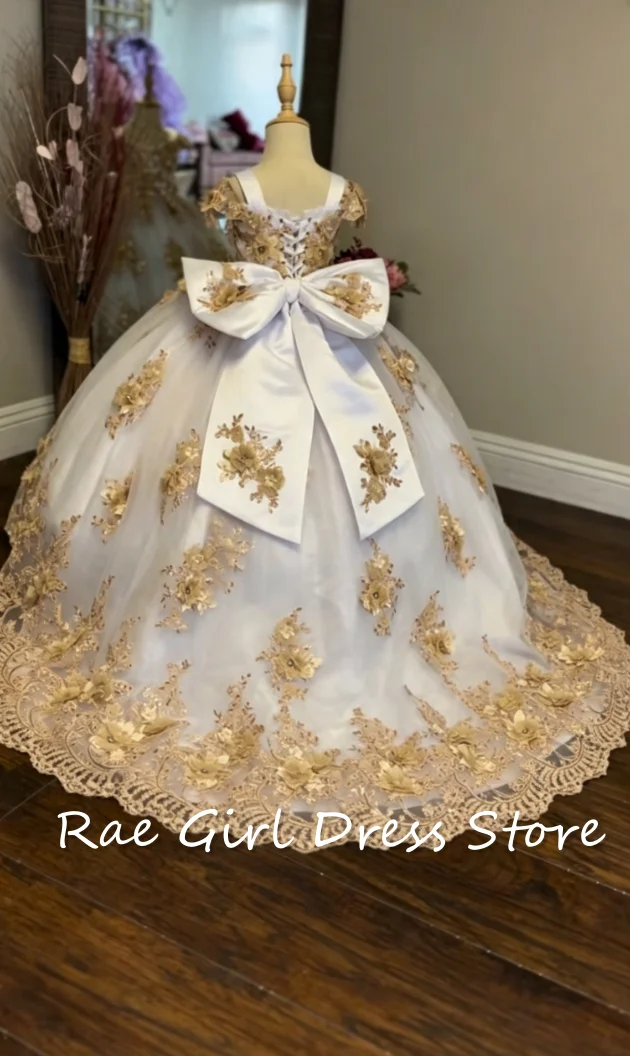 Floor Length Flower Girl Ball Gown Spaghetti Straps 3D Gold Floral Lace Large Satin Bow Lace Hem Princess Gown Customized
