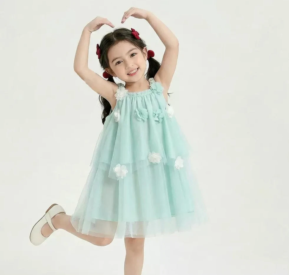 2026 Summer Girls Dress Three Dimensional Flower Strap Skirt Children Mesh Princess Skirt Vacation Style