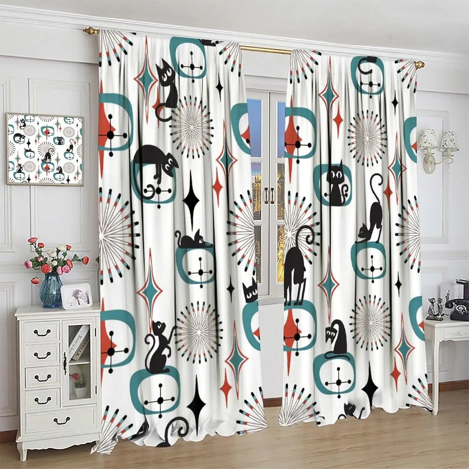 Abstract Art Black Cat Curtains,Modern Vintage 70s Mid-Century Geometric Art Atomic Star Explosion Windows Treatments Drapes for