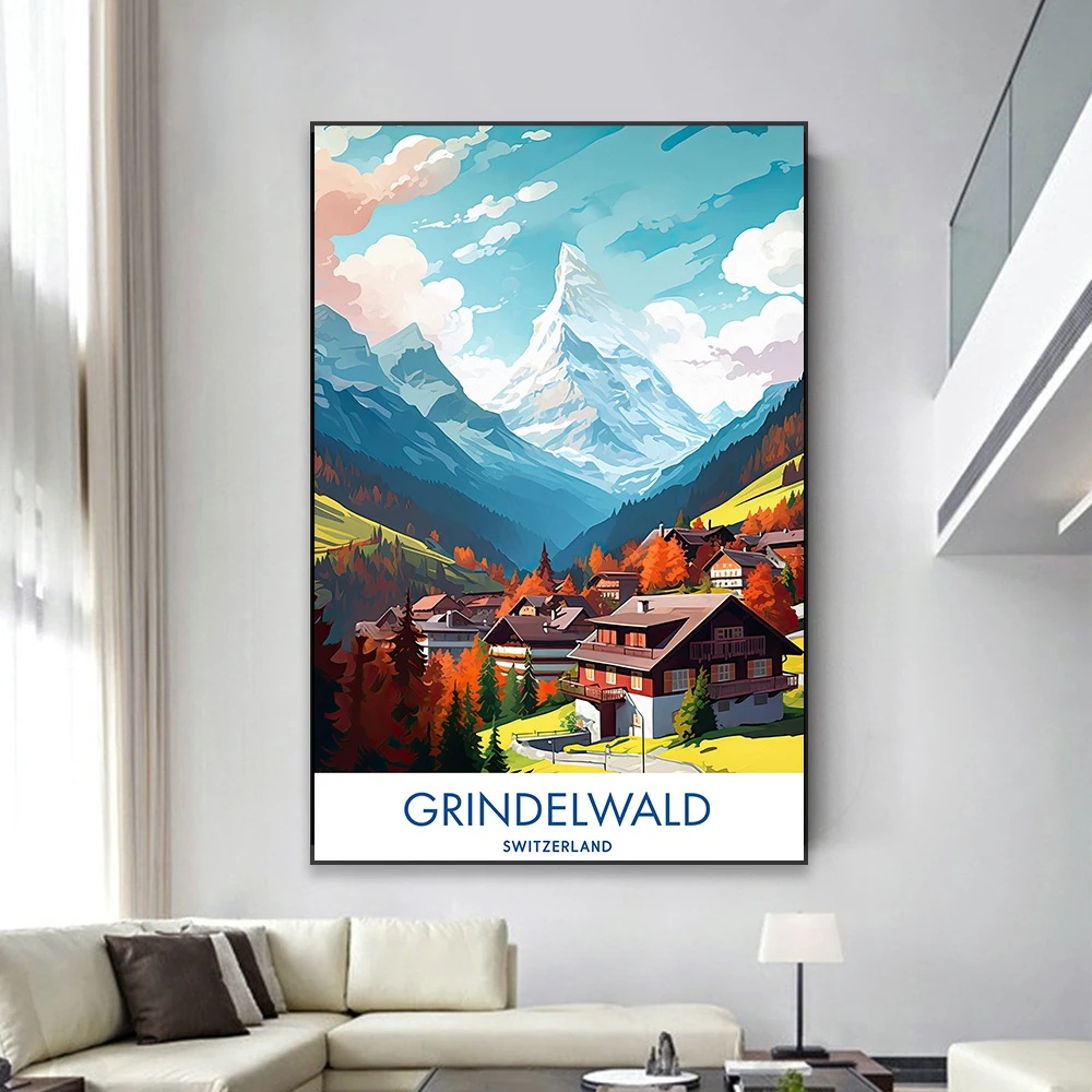 Grindelwald Switzerland Travel Poster Modern Cityscape Travel Poster Prints Retro Wall Art Vintage Canvas Painting Nature Decor