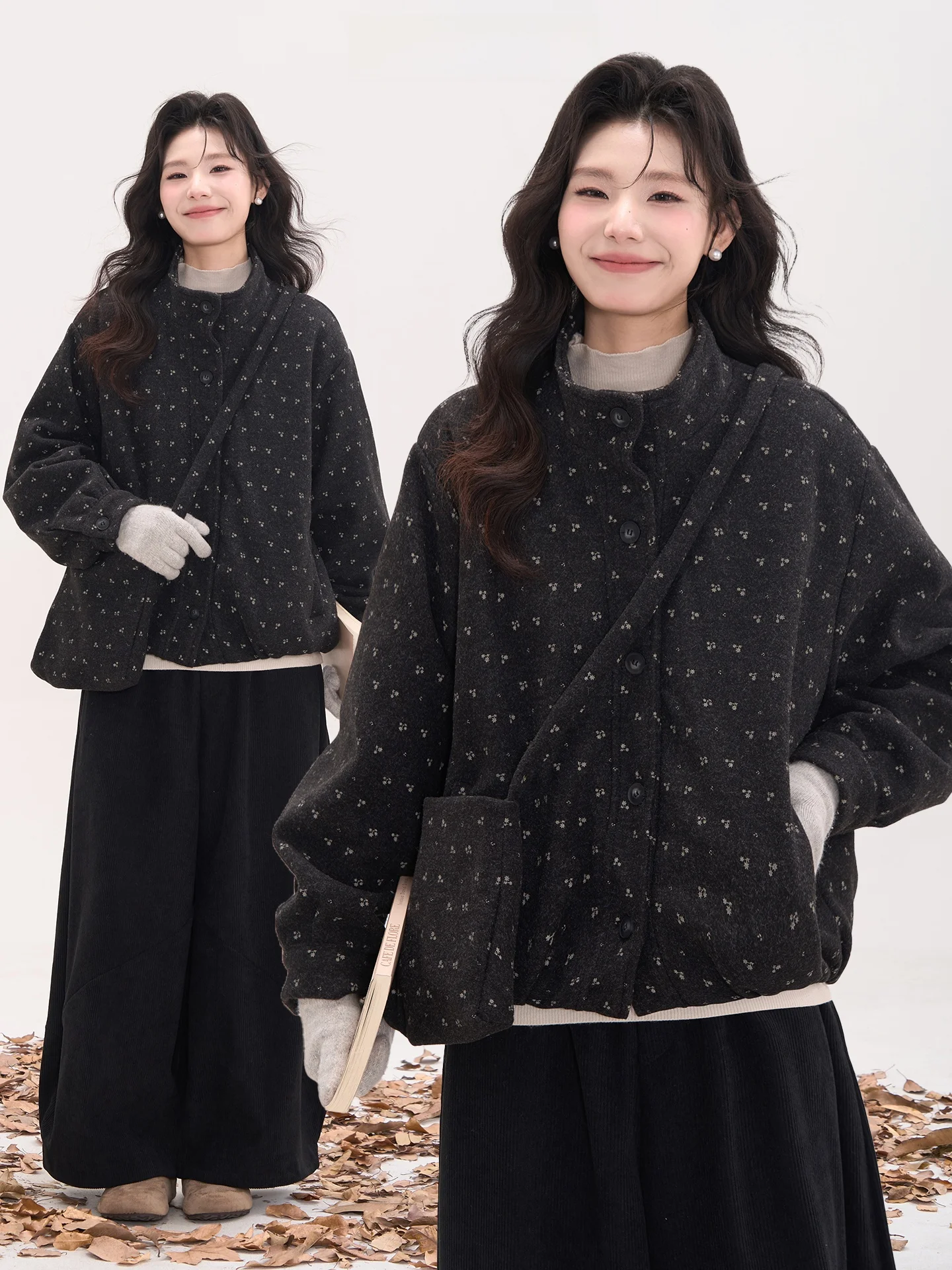 

Heme Floral Thiened Woolen Coat Sweet Floral Design Women's Winter Outerwear Long Sve Stand Collar Button up Jaet