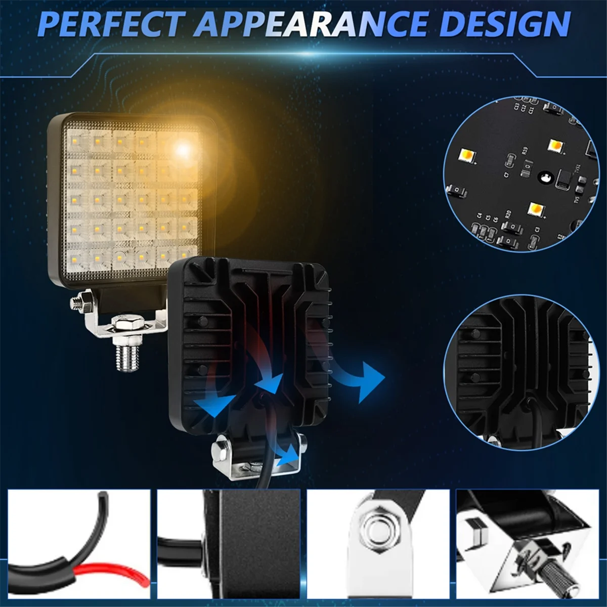 4 Inch Square LED Work Light, 2PCS 90W Flood Lamp for Offroad Heavy Equipment Vehicles Truck Tractor Cart Boat ATV UTV