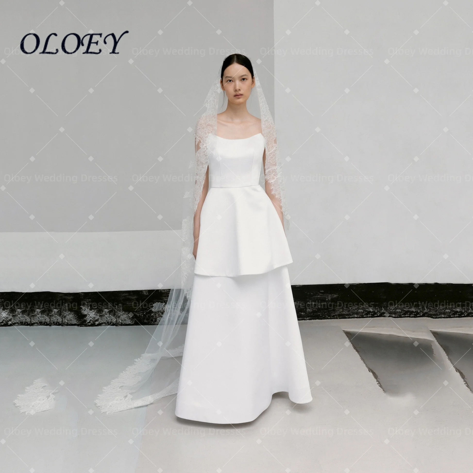 Oloey 2027 Customized White Satin Bridal Dress Spaghetti Straps Tiered Peplum A-Line Wedding Korea Wedding Dress Photo Shoot