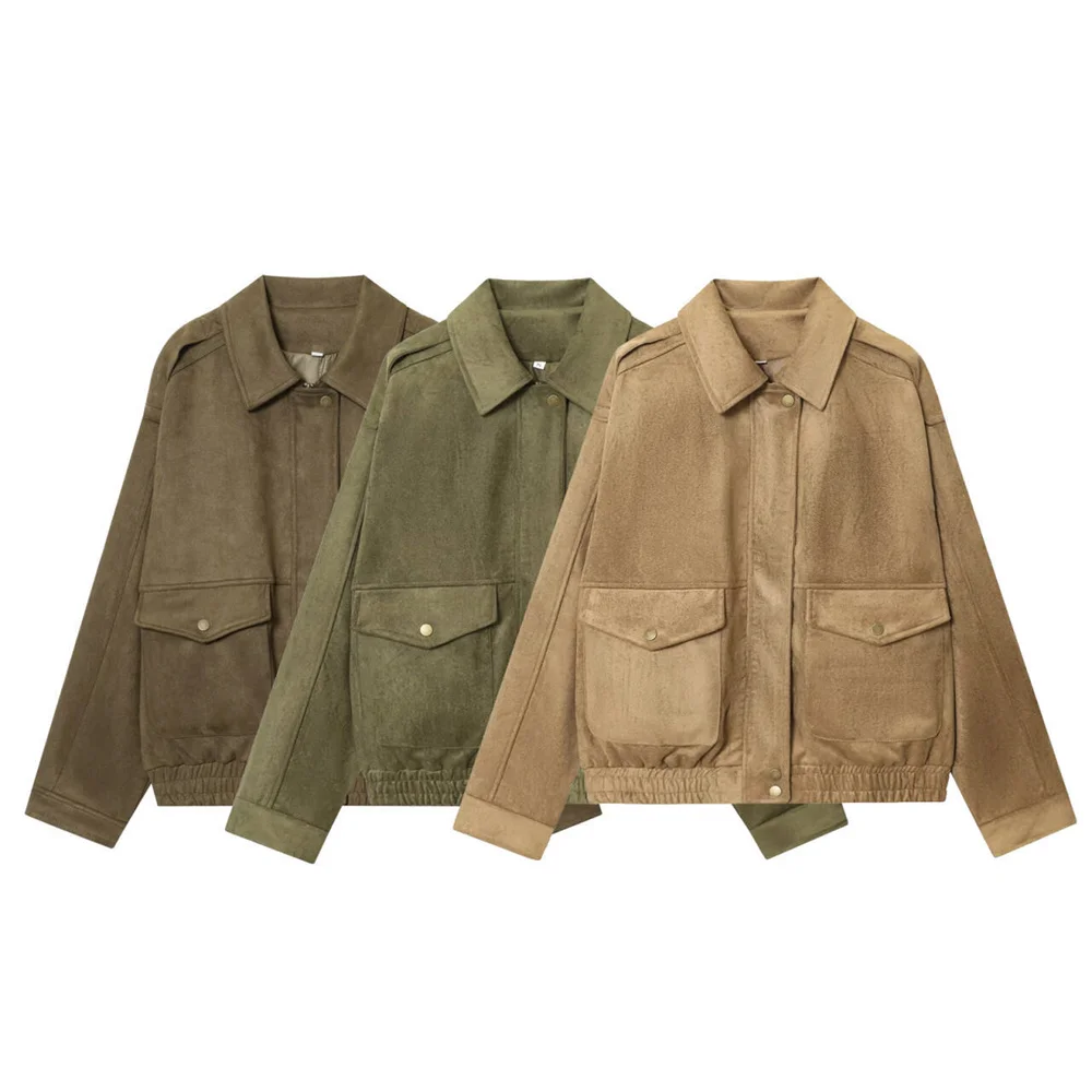 

Autumn and Winter New Women's Retro Fashion Versatile Solid Color Suede Jacket with Collar, Long Sleeve Pocket Coat