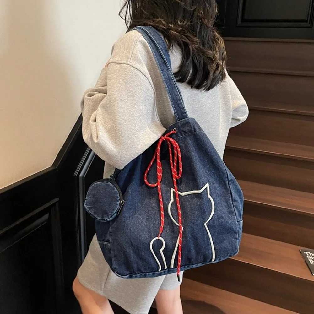 

Stylish Vintage Women Tote Bags Denim Harajuku Kitty Shoulder Bags Y2k Large-capacity Drawstring Bag With Small Bag