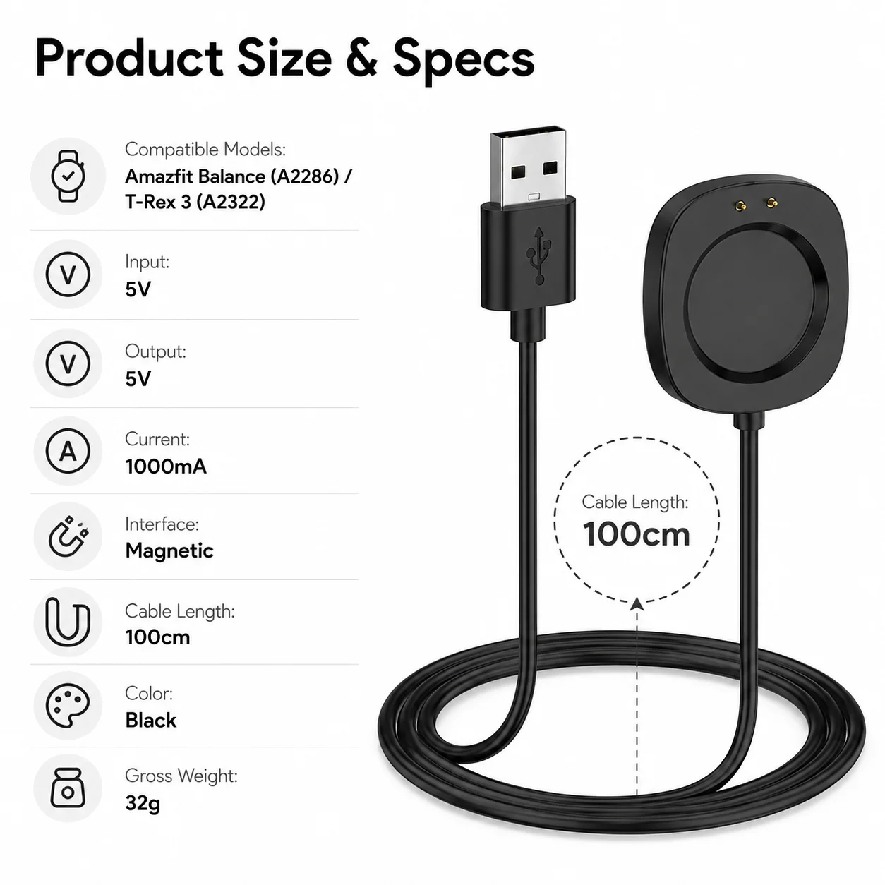 Magnetic Charging Cable For Amazfit T-Rex 3 Balance 2 Active Bip Max T-Rex Ultra2 Helio Strap Smart watch Charger Cord