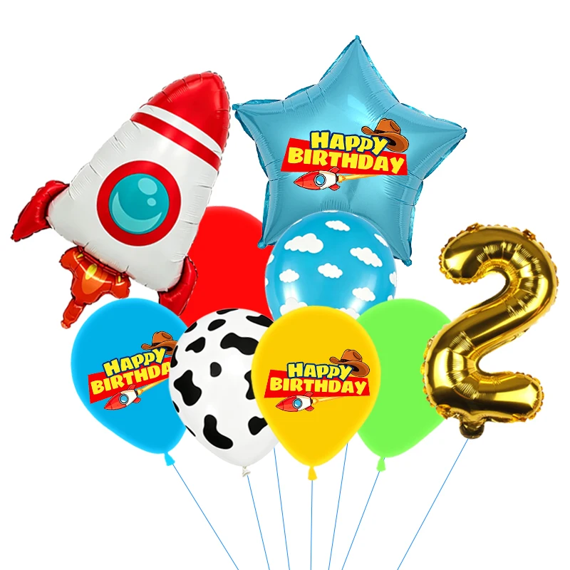 Rote, gelbe und grüne Spielzeugballons, hellblaue Ballons mit Wolken- und Kuhmuster für die Dekorationen zu Babystory- und Cowboy-Partys – Detail 30