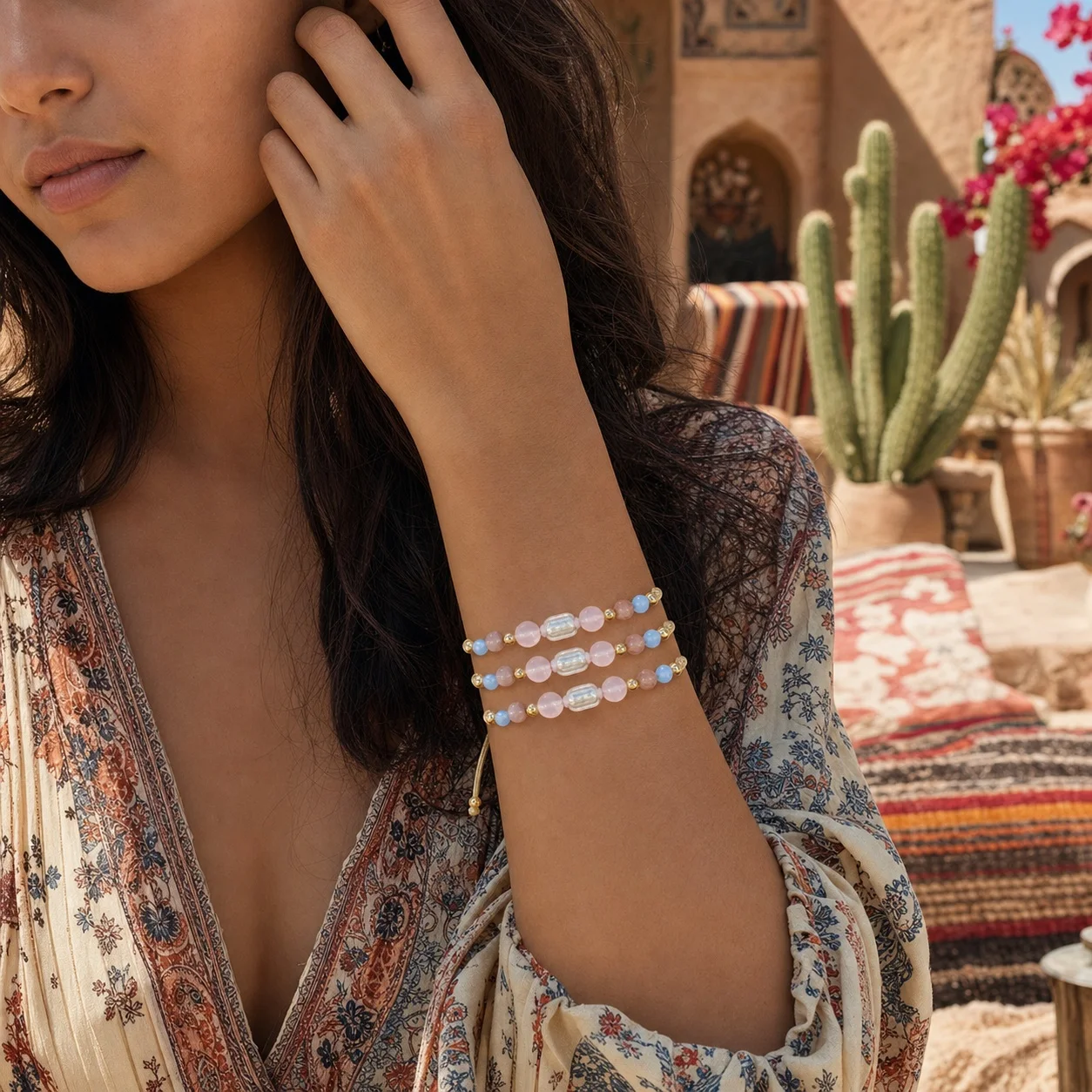 3pcs Boho Multilayer Round Bead Bracelet Set for Women, Pastel Semiprecious Stone, Adjustable Tie Cord, Beach Style