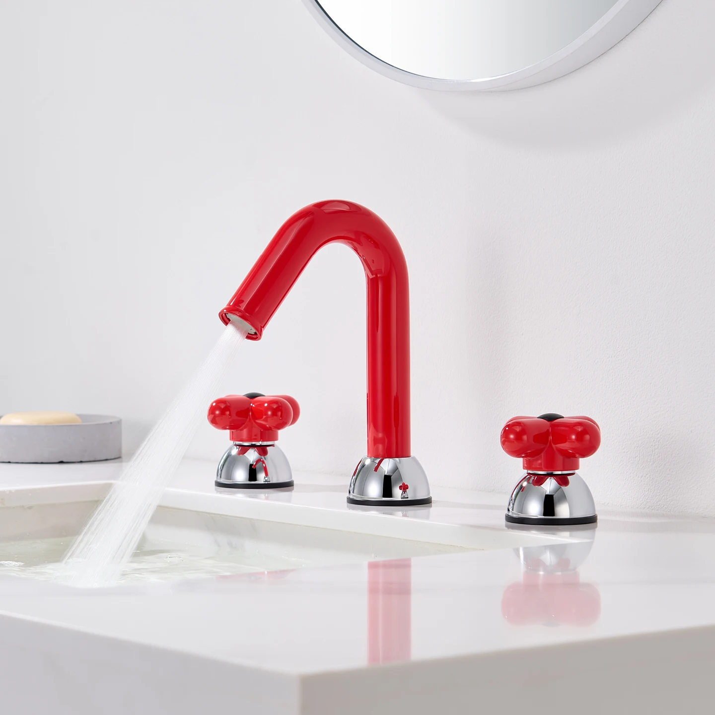 

Deck Mounted 8 Inch Basin Sink Faucet Double Modes Bathroom Vessel Sink Faucet Three Hole Hot and Cold Mixer Taps Red