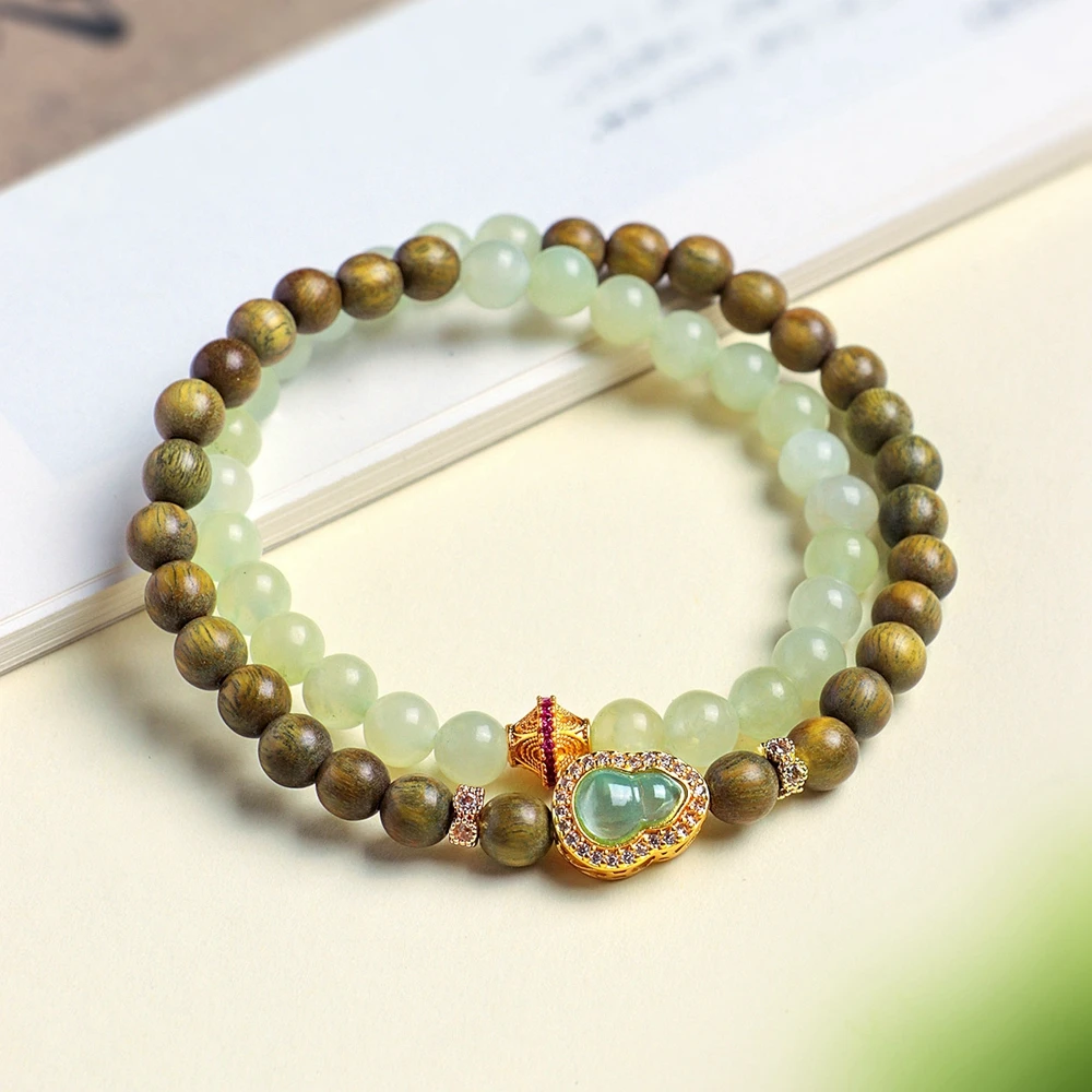 

6MM Natural Sandalwood&Crystal Beads Double-loop Beaded Strand Bracelets for Women Lucky Gourd Charm Hand Bangle Wholesale 1602
