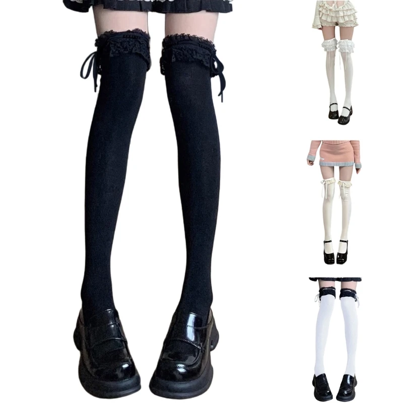 

2pcs Ballet Knee High Socks with Bows Lace Top Ruffle Calf Socks Calf Tube Socks Drop shipping