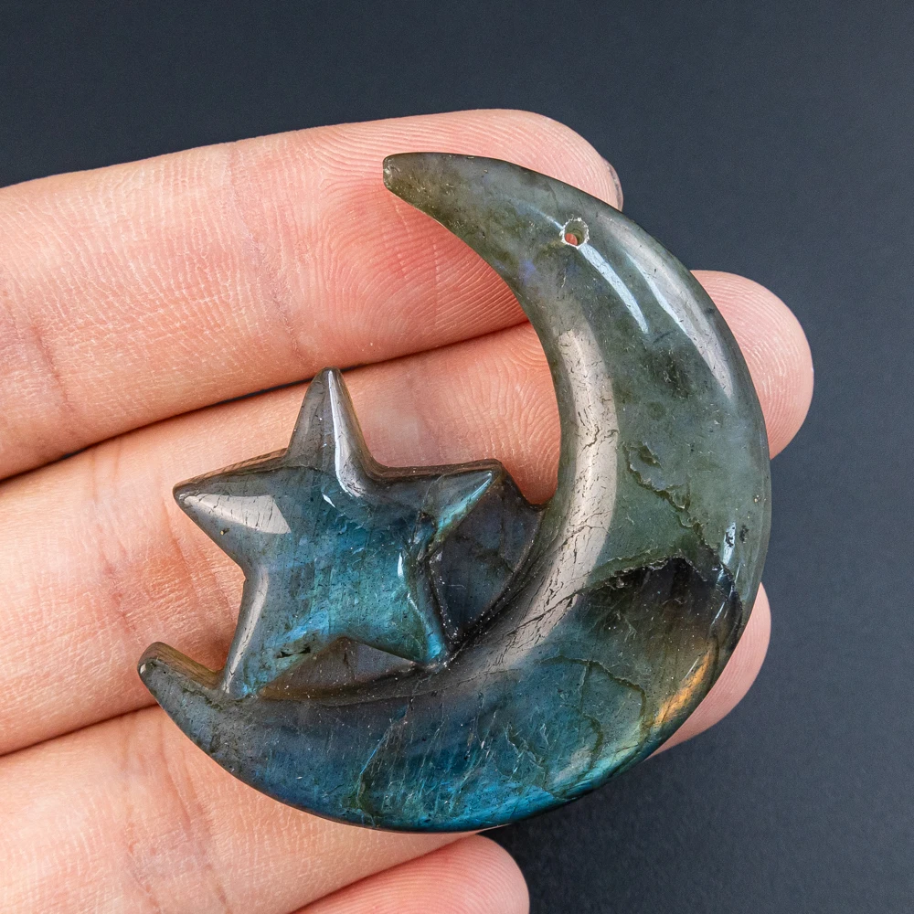 

1Pcs 49X39X9mm Blue Flash Labradorite Pendants - Semi-Precious Stone Pendant with Moon Star Carved Details for Jewelry
