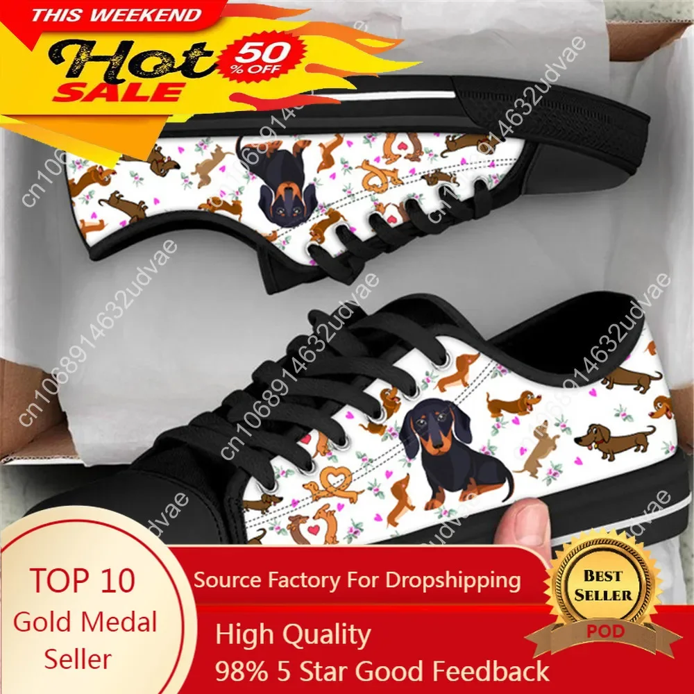 Cute Dachshund Print Women Canvas Shoes Pet Dog Flat Shoes For Ladies Casual Female Lace Up Walking Shoes