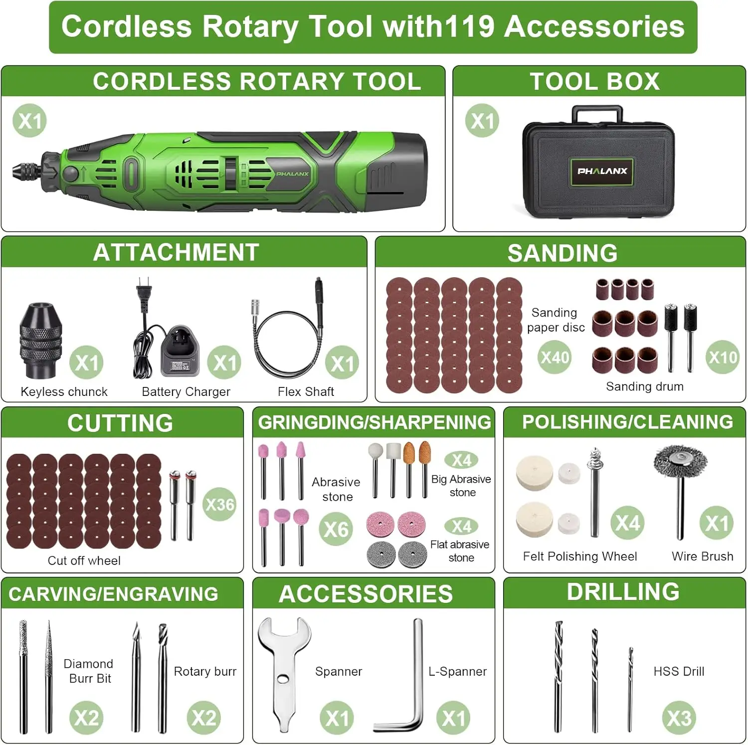 Phalanx 12V Cordless Rotary Tool Kit With Keyless Chuck, 6-Speeds 5000-32000Rpm, 119 Accessories With Flex Shaft, Idea For