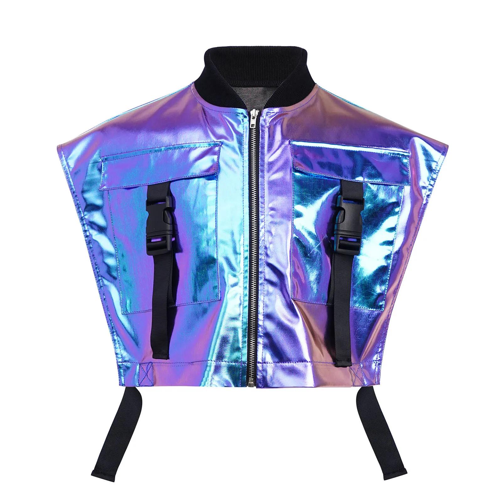 Kinder Mädchen Hip-Hop Jazz-Tanz-Outfit Aufführungskostüm mit seitlich geöffneter Metallweste mit Reißverschluss und seitlichen Druckknöpfen sowie glänzenden Shorts – Detail 33
