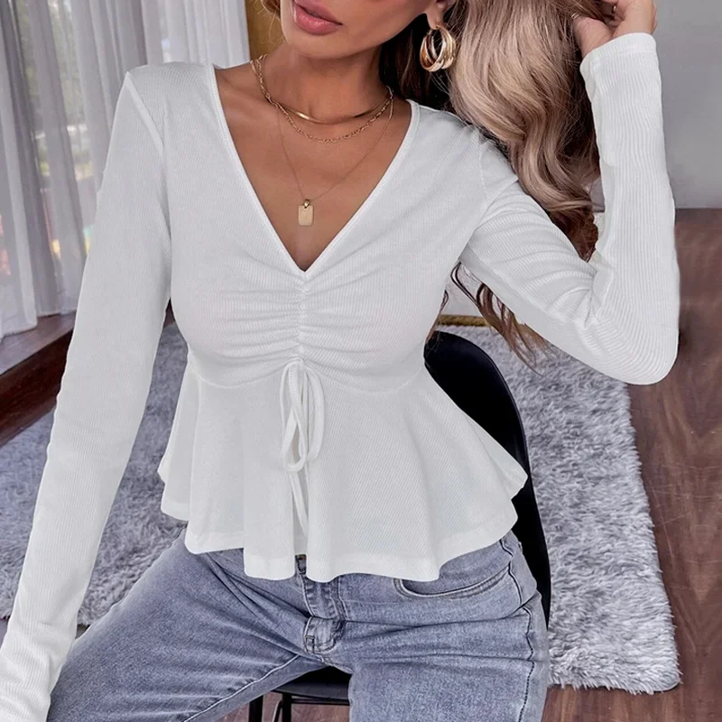 

Fall/Winter 2024 Women's V-neck Pleated Ruffled Waist Knitted Long-sleeved T-shirt Women's Slim-fit Pullover Top GraphicT Shirts