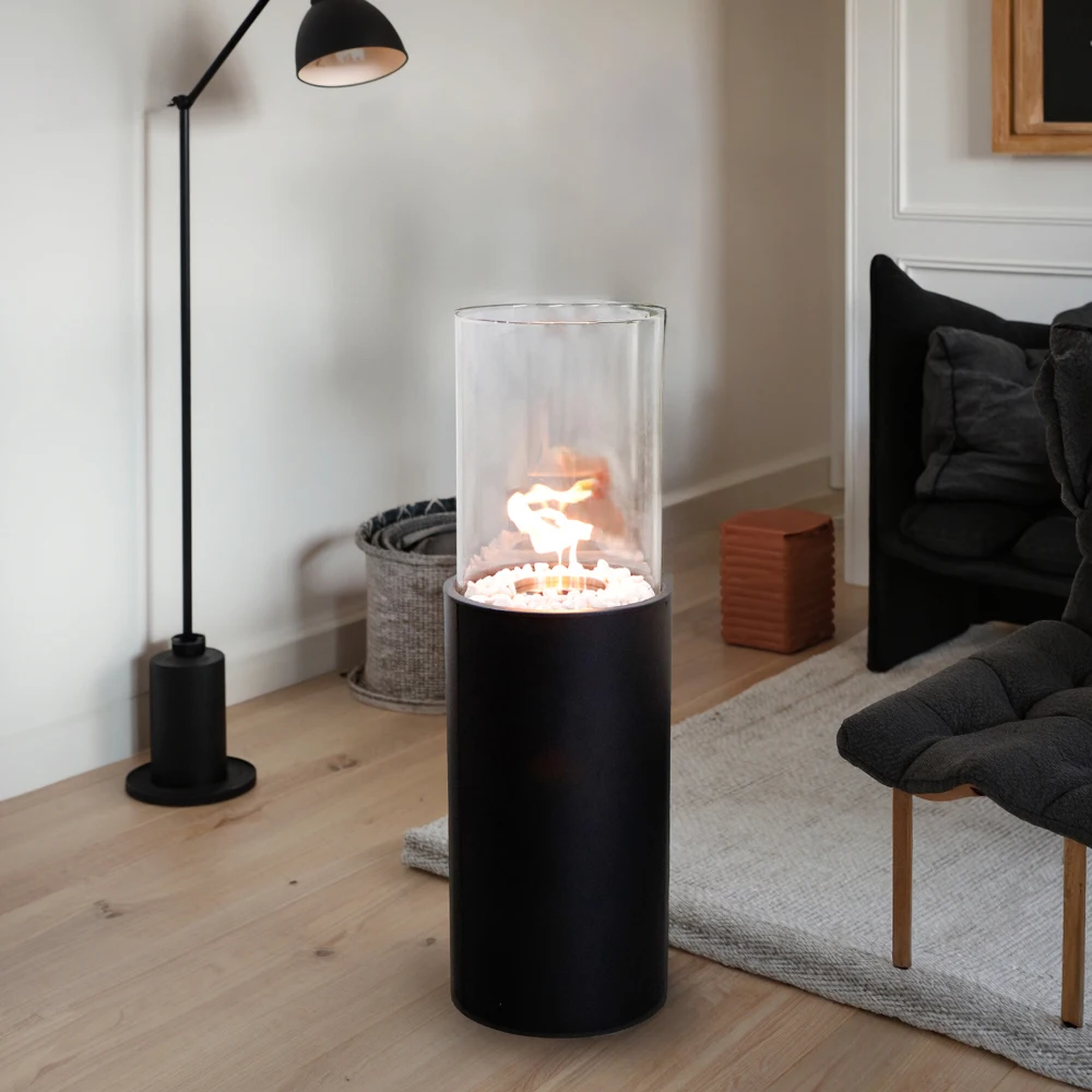 Lanterne à bougie de 80,5 cm de haut, bol de feu autoportant pour intérieur et extérieur avec pierres blanches pour jardin de patio intérieur et extérieur (noir)