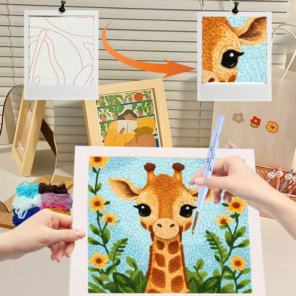 

25x25cm Punch Needle Embroidery Starter Kits giraffe Pattern for Adults Beginners Handcraft Punch Needle Kits Embroidery Sewing