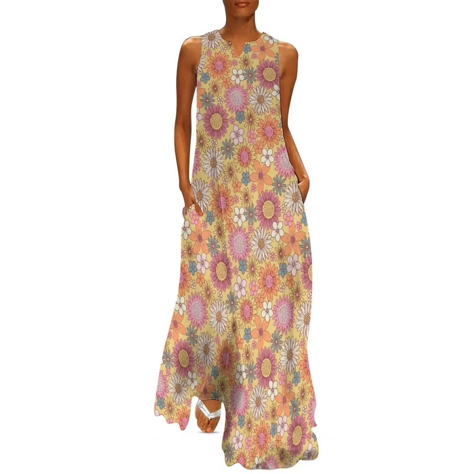 

Retro seventies floral scatter pattern Long Dress womans clothing ceremony dresses dresses for women
