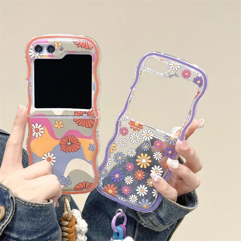 Funda de teléfono con cordón de flores para Samsung Galaxy Z Flip 6 5 4 3, funda trasera protectora para ZFlip4 ZFlip5 ZFlip6