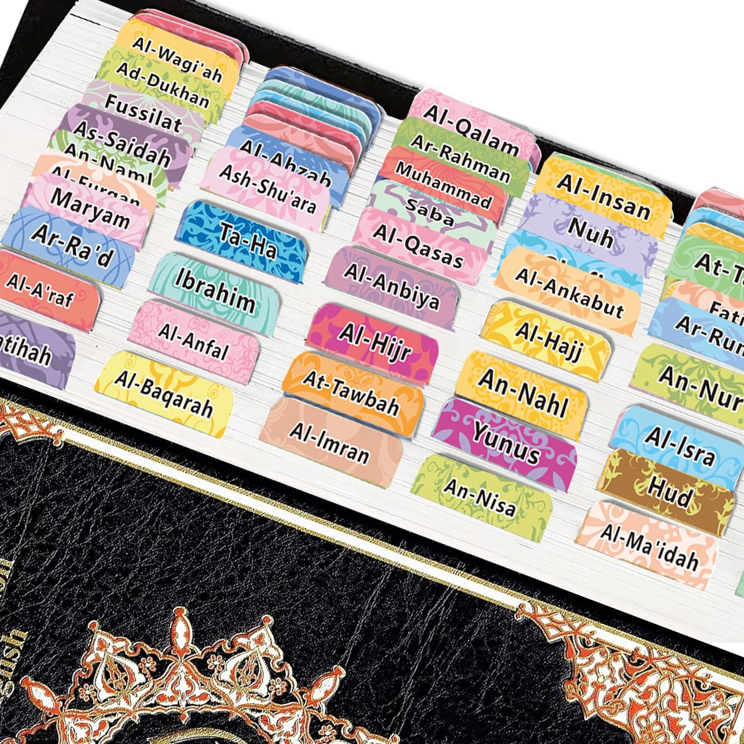 114 Quran Chapter Tabs & 6 Blank Tabs: Self-Adhesive, Tear-Resistant, Clearly Printed for Easy Quran Navigation And Decoration