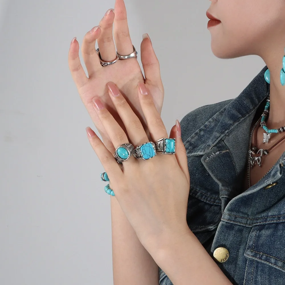 Creative Antique Western Country Ring Alloy Aesthetic Turquoise Ring Jewelry Fashion Vintage Ring Overlay