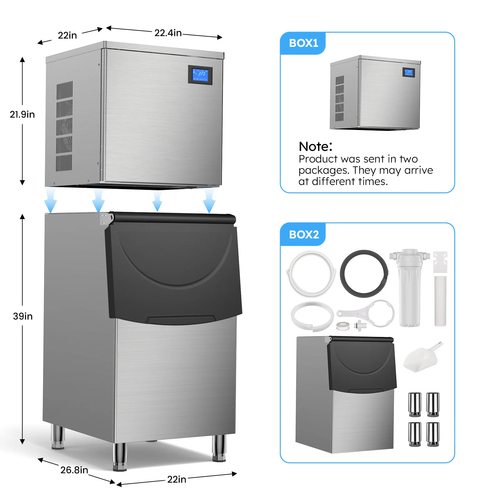 ETL Listed 600LBS/24H Commercial Ice Machine,560LBS Large Capacity Industrial Ice Maker Self-Cleaning & Timing ,Stainless Steel
