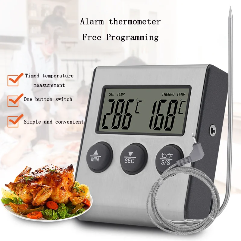 Termómetro de alimentos con alarma de sincronización, termómetro de horno de cocina, temporizador electrónico, sonda, tenedor de barbacoa, acero inoxidable, resistente al agua para hornear