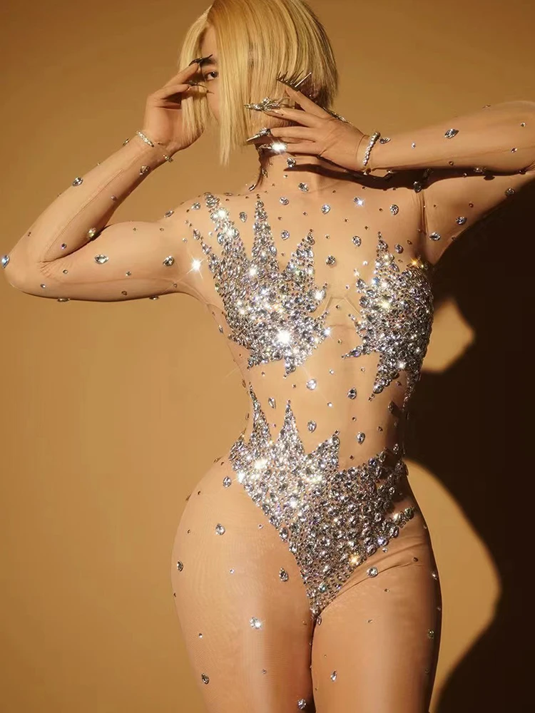 Женский прозрачный комбинезон со стразами и кристаллами, с длинным рукавом для ночного клуба, выпускного вечера, певицы, джаза, gogo, танцевальный костюм, костюм трансвестита