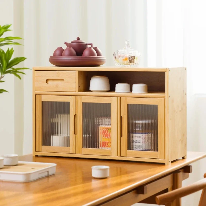 Living Room Dustproof Storage Cabinet Natural Bamboo Cup Holder Visible Acrylic Tea Set Organizer Kitchen Shelf Versatile