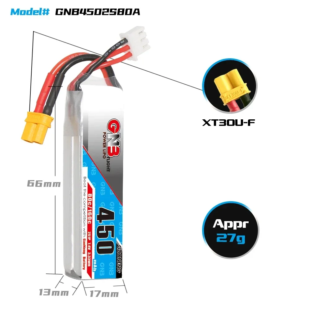 GAONENG GNB 450mAh 2S 80C 160C 7.4V XT30 LiPo Battery Tinyhawk II Small Heli Helicopter Multiroter Mini Micro FPV