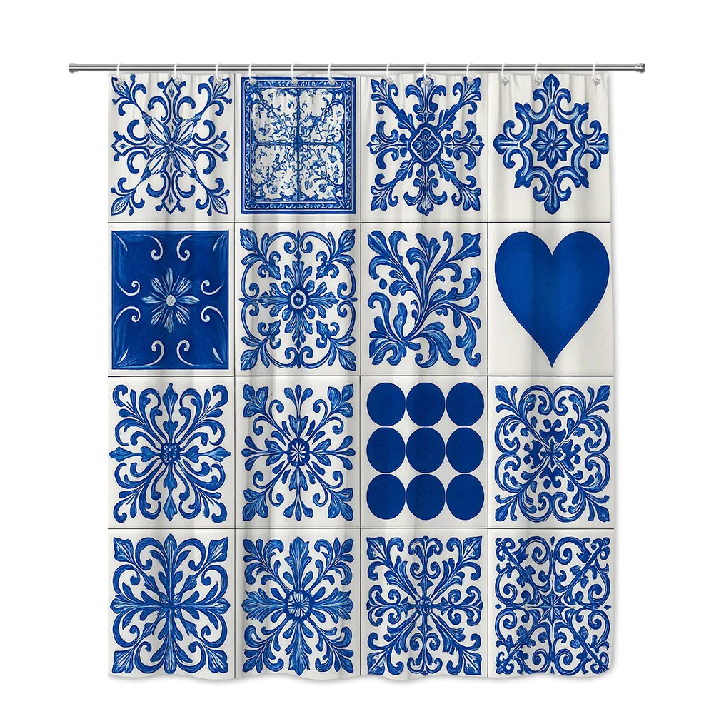 Blue White Tile Pattern Shower Curtain Machine Washable All Season Waterproof Privacy Protection Mediterranean Design Elegant