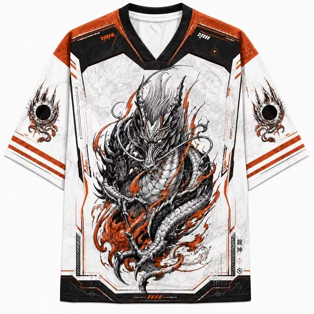 Unisex V-Neck Sports Jersey T-Shirt – Japanese-Style Dragon God Print Harajuku Short-Sleeve Top, Street-Style Quick-Dry Shirt