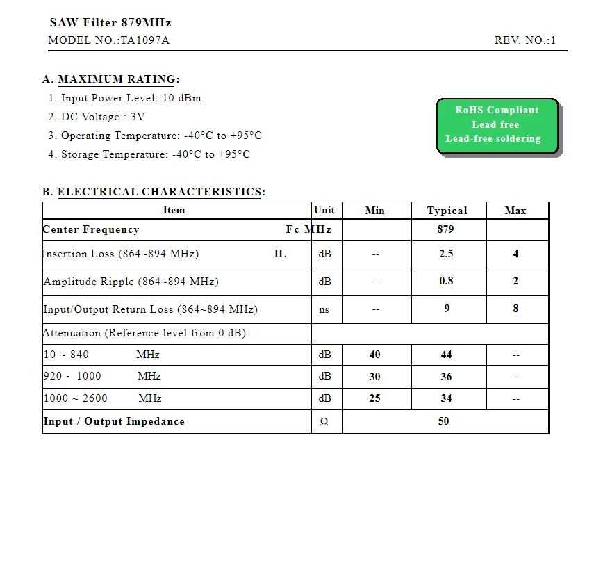 (10PCS) TA1097A code JQ brand new original 879MHz packaged SMD SAW filter in stock