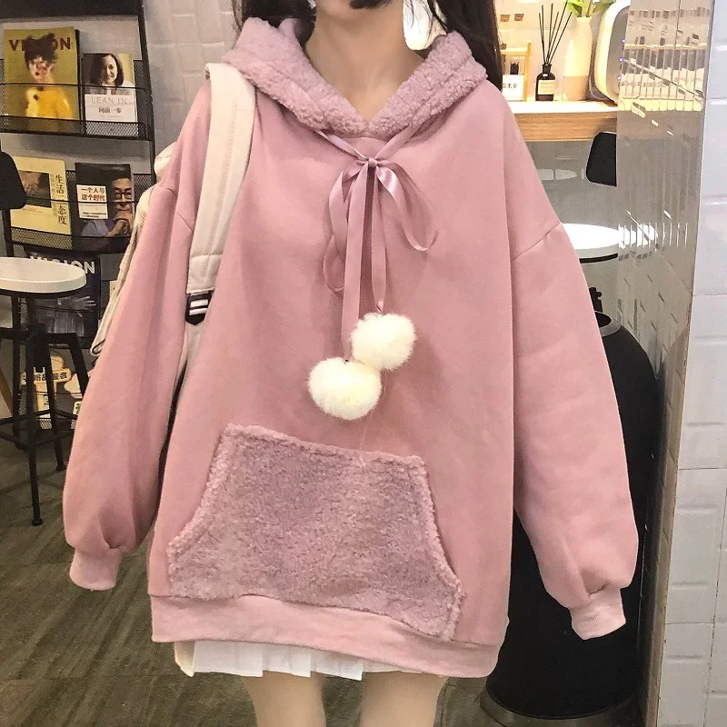 Harajuku Frauen süße Hoodies niedlichen Hasen ohr Kapuze Pullover girly modische lose Schnür-Sweatshirts Outwear Herbst Winter