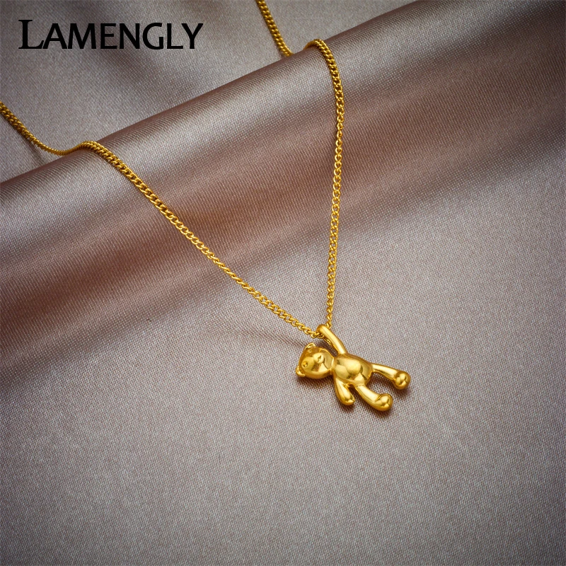 LAMENGLY 316L Stainless Steel Gold Color Cute Bear Pendant Necklace For Women New Trend Girl Sweet Chains Jewelry Birthday Gifts