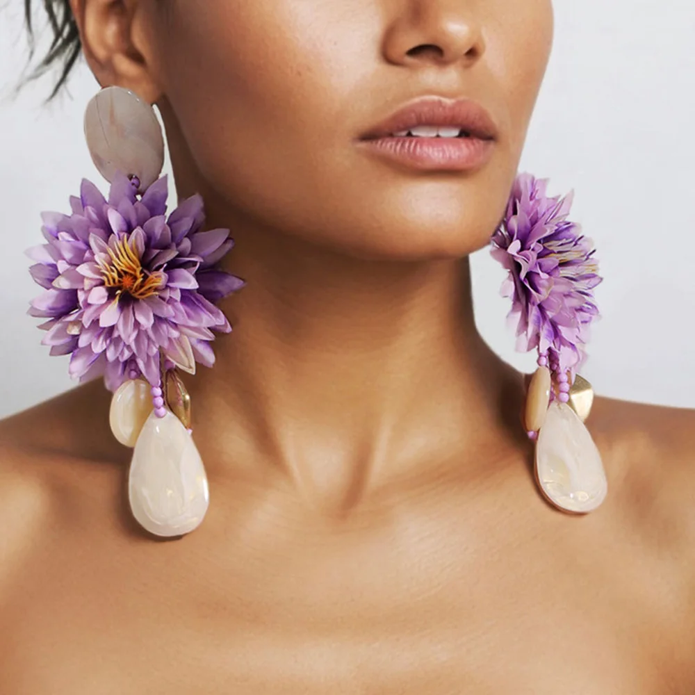 Statement-Ohrringe im Bohemian-Stil mit Dahlien-Stoff für Damen und Mädchen, trendiger, luxuriöser, Vintage-Feen-Hochzeits-Party-Schmuck, Accessoires